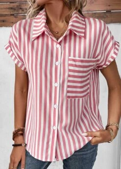 Striped Pocket Pink Shirt Collar Short Sleeve Blouse