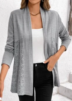 Lace Patchwork Long Sleeve Grey Cardigan