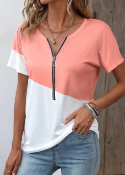 Zipper Round Neck Dusty Pink T Shirt 10 Zipper Round Neck Dusty Pink T Shirt -Rosewe Promotion Store 336140 P 16878639130472