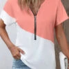 Zipper Round Neck Dusty Pink T Shirt -Rosewe Promotion Store 336140 P 16878639135023