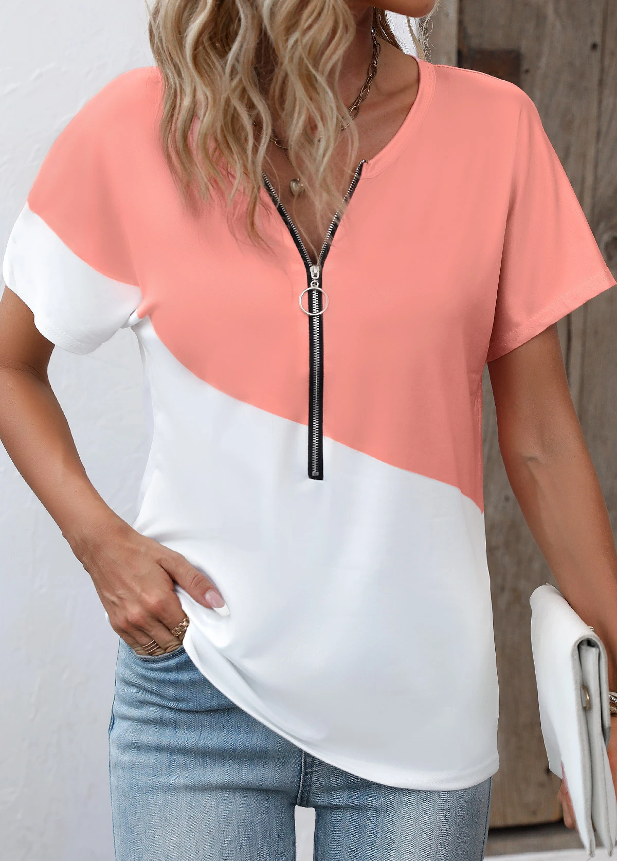 Zipper Round Neck Dusty Pink T Shirt 3 Zipper Round Neck Dusty Pink T Shirt