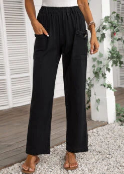 Pocket Elastic Waist High Waisted Black Pants