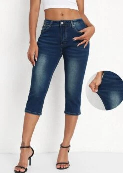 Denim Blue Button Fly Mid Waisted Capri Leggings