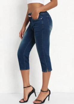 Denim Blue Button Fly Mid Waisted Capri Leggings -Rosewe Promotion Store 336155 P 16883495790042