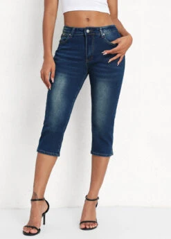 Denim Blue Button Fly Mid Waisted Capri Leggings -Rosewe Promotion Store 336155 P 16883495791905