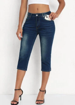 Denim Blue Button Fly Mid Waisted Capri Leggings -Rosewe Promotion Store 336155 P 16883495792044
