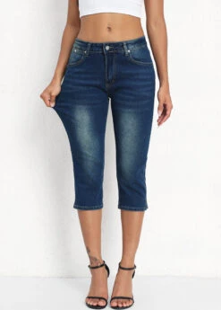 Denim Blue Button Fly Mid Waisted Capri Leggings -Rosewe Promotion Store 336155 P 16883495792583