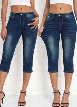 Denim Blue Button Fly Mid Waisted Capri Leggings -Rosewe Promotion Store 336155 P 16883495793776