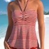 High Waisted Striped Ruched Red Tankini Set -Rosewe Promotion Store 336199 P 1686550697938