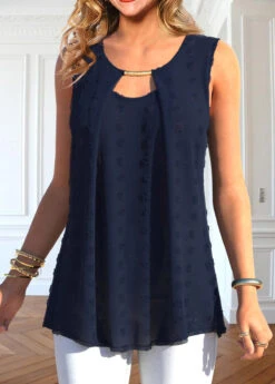 Cut Out Round Neck Navy Tank Top -Rosewe Promotion Store 336202 P 1686558421582