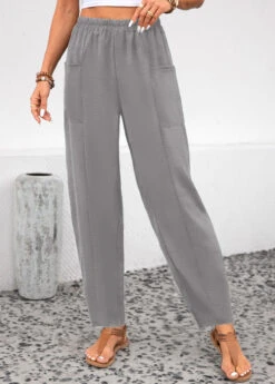 Light Grey Elastic Waist High Waisted Pocket Pants