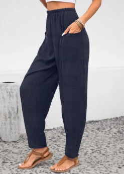 Pocket Navy Elastic Waist High Waisted Pants -Rosewe Promotion Store 336221 P 16867421831573