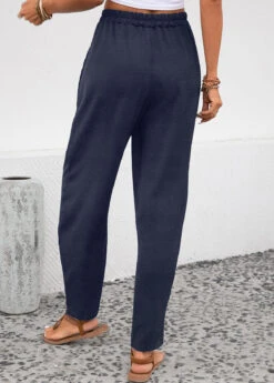 Pocket Navy Elastic Waist High Waisted Pants -Rosewe Promotion Store 336221 P 16867421833061