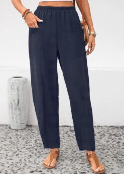 Pocket Navy Elastic Waist High Waisted Pants -Rosewe Promotion Store 336221 P 16867421835214