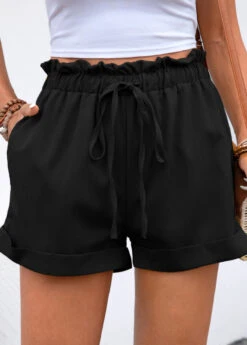 High Waisted Drawstring Black Regular Elastic Waist Shorts 11 High Waisted Drawstring Black Regular Elastic Waist Shorts -Rosewe Promotion Store 336225 P 16866206092504