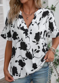V Neck Floral Print White Short Sleeve Blouse -Rosewe Promotion Store 336228 P 16878640163014