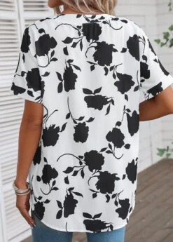 V Neck Floral Print White Short Sleeve Blouse -Rosewe Promotion Store 336228 P 16878640163111