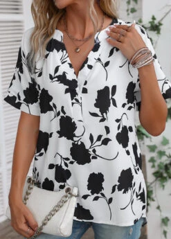 V Neck Floral Print White Short Sleeve Blouse -Rosewe Promotion Store 336228 P 16878640163312