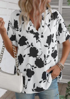 V Neck Floral Print White Short Sleeve Blouse -Rosewe Promotion Store 336228 P 16878640166225