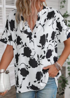 V Neck Floral Print White Short Sleeve Blouse -Rosewe Promotion Store 336228 P 16878640166753