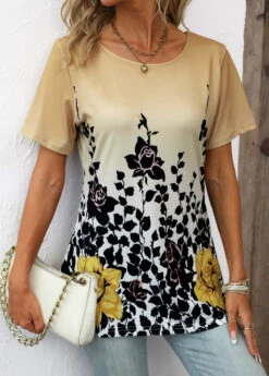 Floral Print Lightweight Light Camel T Shirt -Rosewe Promotion Store 336236 P 16883785542215