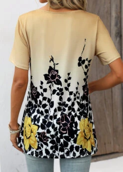 Floral Print Lightweight Light Camel T Shirt -Rosewe Promotion Store 336236 P 16883785542491