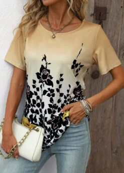 Floral Print Lightweight Light Camel T Shirt -Rosewe Promotion Store 336236 P 16883785544132