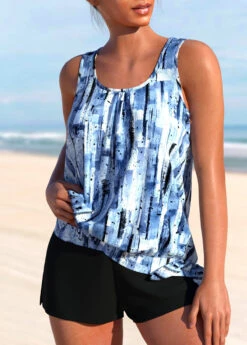 Mid Waisted Geometric Print Patchwork Blue Tankini Set -Rosewe Promotion Store 336305 P 1686646977057