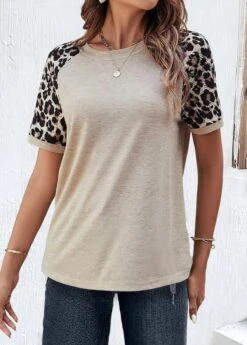 Leopard Patchwork Light Camel Round Neck T Shirt -Rosewe Promotion Store 336367 P 1686739241205