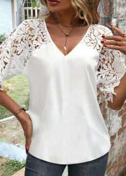Lace V Neck Half Sleeve White Blouse -Rosewe Promotion Store 336372 P 1690782882688