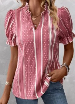 Striped Frill Pink Split Neck Short Sleeve Blouse