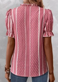 Plus Size Pink Frill Striped Short Sleeve Blouse -Rosewe Promotion Store 336373 P 1686741633555