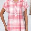Plaid Button Pink Shirt Collar Short Sleeve Blouse -Rosewe Promotion Store 336422 P 1688189032320