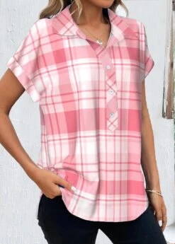 Plaid Button Pink Shirt Collar Short Sleeve Blouse -Rosewe Promotion Store 336422 P 1688189032909