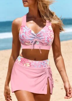 Mid Waisted Floral Print Criss Cross Bikini Set