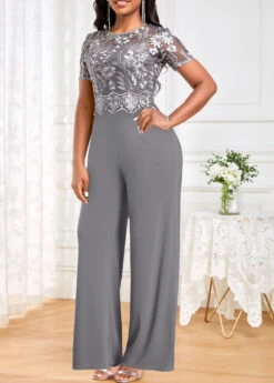 Long Round Neck Embroidery Grey Short Sleeve Jumpsuit -Rosewe Promotion Store 336434 P 1687769795490