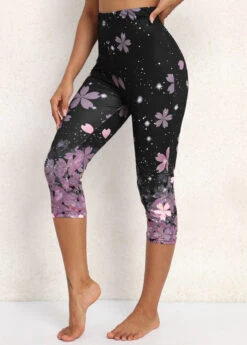Floral Print Black Elastic Waist High Waisted Leggings -Rosewe Promotion Store 336478 P 16967558225502