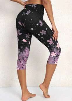 Floral Print Black Elastic Waist High Waisted Leggings -Rosewe Promotion Store 336478 P 16967558228061