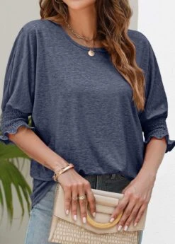 Breathable Round Neck Navy T Shirt -Rosewe Promotion Store 336532 P 1686895240775