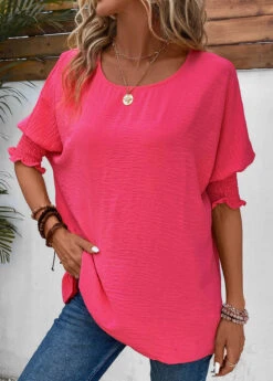 Hot Pink Round Neck Smocked T Shirt -Rosewe Promotion Store 336544 P 16873430852922
