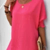 Hot Pink Round Neck Smocked T Shirt -Rosewe Promotion Store 336544 P 16873430854050
