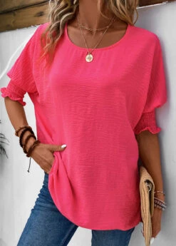 Hot Pink Round Neck Smocked T Shirt -Rosewe Promotion Store 336544 P 16873430855095