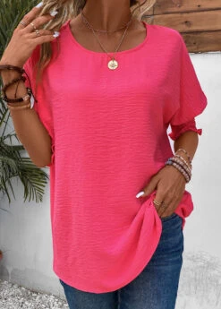 Hot Pink Round Neck Smocked T Shirt -Rosewe Promotion Store 336544 P 16873430856423