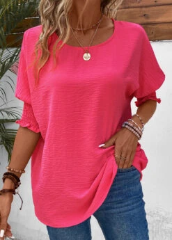 Hot Pink Round Neck Smocked T Shirt -Rosewe Promotion Store 336544 P 16873430856884
