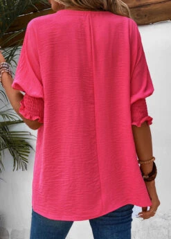 Hot Pink Round Neck Smocked T Shirt -Rosewe Promotion Store 336544 P 16873430859681
