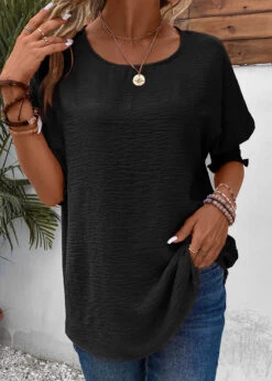 Smocked Round Neck Half Sleeve Black T Shirt -Rosewe Promotion Store 336545 P 16873430762953