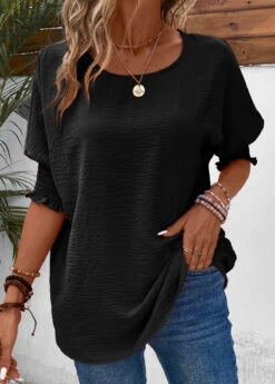 Smocked Round Neck Half Sleeve Black T Shirt -Rosewe Promotion Store 336545 P 16873430766454