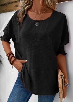 Smocked Round Neck Half Sleeve Black T Shirt -Rosewe Promotion Store 336545 P 16873430766765