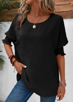 Smocked Round Neck Half Sleeve Black T Shirt -Rosewe Promotion Store 336545 P 16873430768322