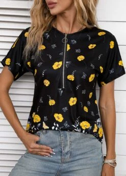 Floral Print Zipper Yellow Round Neck T Shirt -Rosewe Promotion Store 336573 P 16881215822570